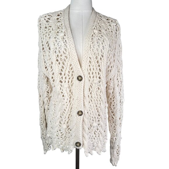 ZARA Small Cream Open Knit Cardigan Sweater Button Front Lightweight Layer - Picture 1 of 13